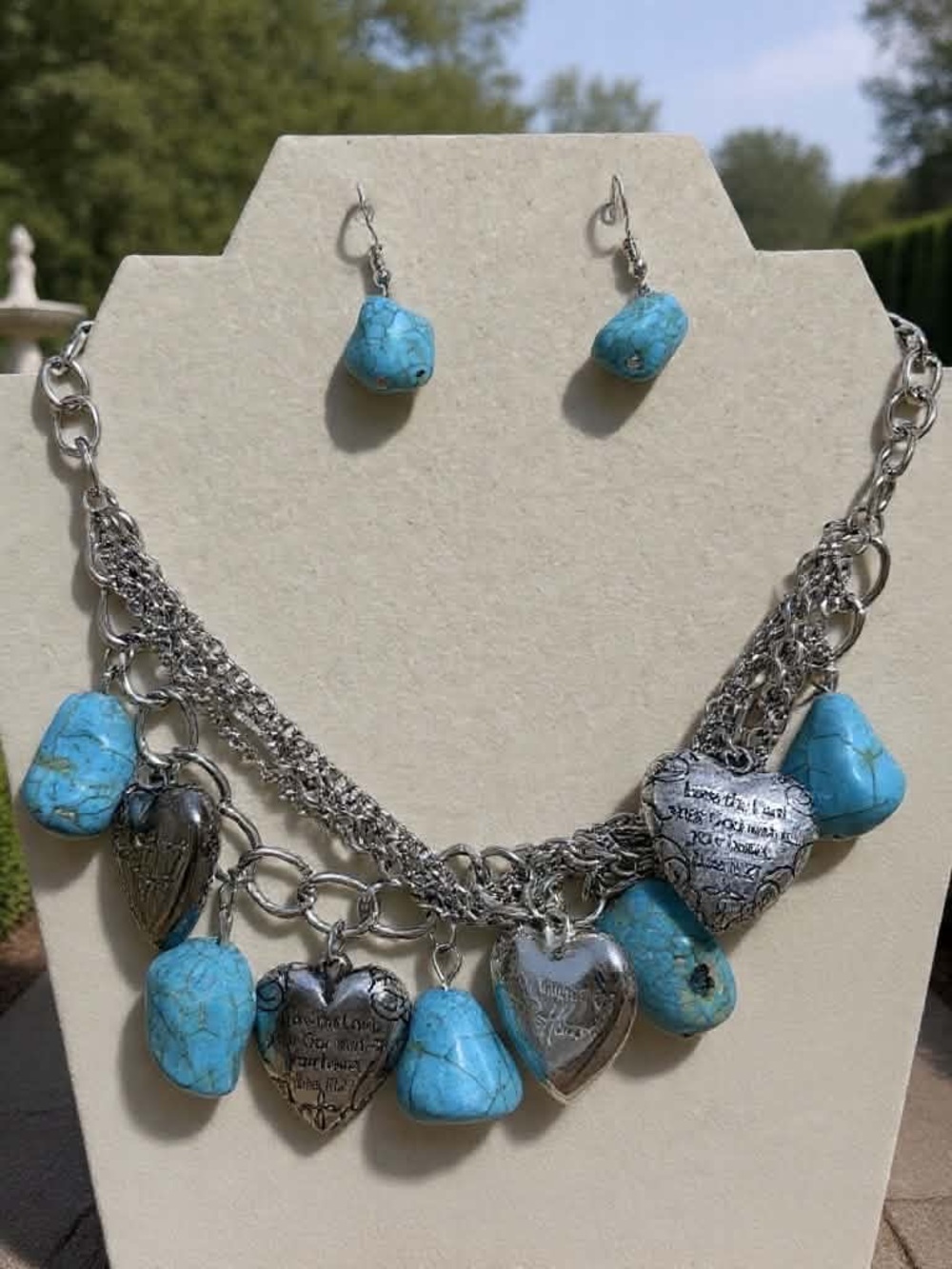 Turquoise Heart & Stone Charm Statement Necklace with Turquoise Earrings